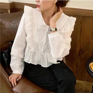 Kvinnors blusar koreanska chic modekläder hösten kvinnor lång ärm söta söta toppar flickor solida ruffles peplum baby skjorta kort blusa