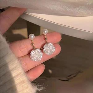 Baumelnde Ohrringe Koreanische Kamelienblume Dorp Für Frauen Imitationsperle Weiß Hochzeitsschmuck Romantischer Jahrestag Mädchen Niedlich