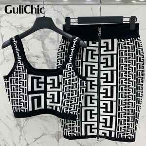 Two Piece Dress 616 GuliChic Womens Temperature Geometric Jacquard Ultra Thin Knitted Tank Top or Packaging Hip Ski Set 230718