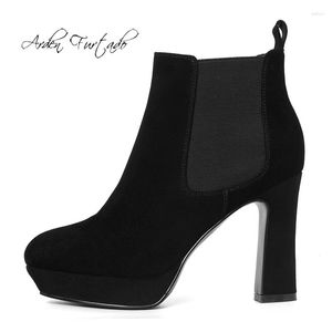 Boots Arden Furtado 2023 Autumn Winter Fashion Women's Round Toe Chunky Heels Slip-On Elegant äkta läder Ladies Ankel