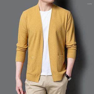 Blusas Masculinas Primavera Cardigã Suéter de Malha Coreana Fino Slim Decote em V Manga Longa Top Meninos Amarelo Oversize Xxxl Malhas Casuais