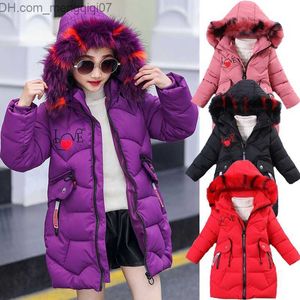 Coat Youth Winter Thick Warm Long Women's Jacket 3-12 Year Old Fur Collar Heart Pattern Hooded Children's Heavy Windbreaker Z230719