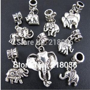 100p Mix Antiques Silver Alloy Animal Elephant Dingle Charms Hängen för europeiska armbandsmycken som gör pärlor varumärke ACC270R