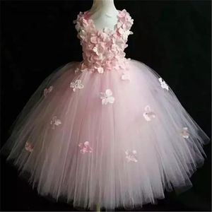 Flickor Pink Fairy Flower Petals Tutu Dress Kids virkade tyllklänning Lång bollklänning Barn Bröllopsfest Kostym Kvällsklänningar