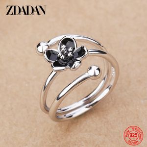 ZDADAN 925 Sterling Silver Black Flower Adjustable Rings For Women Fashion Charm Gift Wedding Jewelry