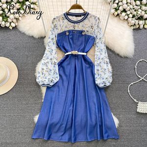 Vestidos Casuais RoseDiary Feminino Verão Elegante Vestido Denim Festa Alta Qualidade Longo Festa Vintage Robe Femme Runway Designer Azul A-Line