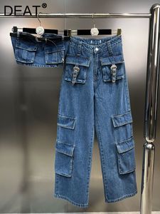 Frauen Zwei Stück Hosen DEAT Mode Gürtel Design Dünne Kurze Trägerlose Hohe Taille Splice Tasche Lose Cargo Jeans Trend 2023 frühling 11XX0841 230718