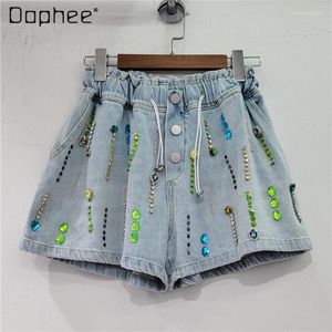 Damen Jeans Sommer Ladies Diamant Perlen Kurzhilfe hellblau Denim Shorts 2023 Loose Wide Bein Jean für Frauen