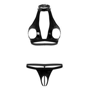 Exotisches Sissy-Dessous-Set für Damen, Wetlook, Schritt, Kunstleder, ausgehöhlte Brust, offener BH, Brustwarzen, Loch-Oberteile mit Slips ohne Schritt, Bra291c