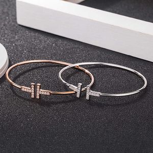 Original brand 925 Sterling Silver double t open Bracelet letter net red same TFF diamond bracelet plated with 18K Rose Gold jewelry