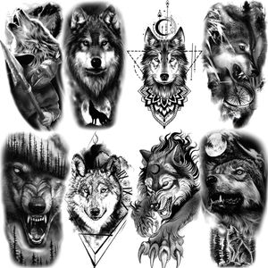 Black Geometric Wolf Moon Temporary Tattoos For Women Adult Men Warrior Forest Compass Fake Tattoo Body Art Washable Tatoo Paper