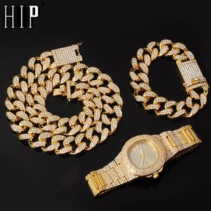 Hip Hop 20MM 3pcs Set Miami Cuban Chain Necklace Bracelet Watch Iced Out Paved Rhinestones CZ Rapper Necklaces For Men Jewelry Y324M