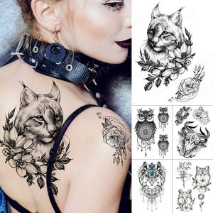 Vattentät tillfällig tatuering klistermärke Flower Cat Lynx Flash Tattoos Owl Leopard Satan get Wolf Body Art Arm Fake Tatoo Women Men
