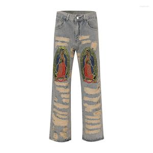 Мужские джинсы High Street Fashion с контрастной нашивкой и вышивкой, повреждённые мужские прямые свободные повседневные джинсовые брюки