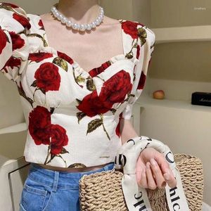 Women's Blouses Vintage Rose Print Crop Top Sexy Blouse Women Square High Waist Puff Short Sleeve Floral Femme Blusas Mujer Shirt 2023