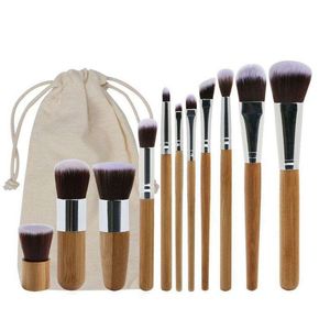 Makeup Brushes 11Pcs Bamboo Set With Cloth Bag Face Foundation Brush Powder Blusher Eye Shadow Sets Drop Delivery Health Beauty Tool Dhxfc