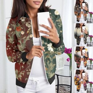 Jaquetas femininas adequadas para uso diário leve com zíper jaqueta estampada floral gola curta inverno