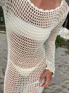 Casual Dresses White Knit Beach Dress Crochet Bikini Cover Up Women Sexy Split Backless Maxi Summer Long Sleeve Holiday Beachwear 2023