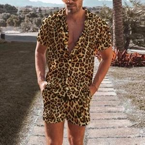 Agasalhos masculinos de manga curta com lapela e personalidade com estampa de leopardo Ternos de verão tendência de rua Ternos masculinos Fashion Flow