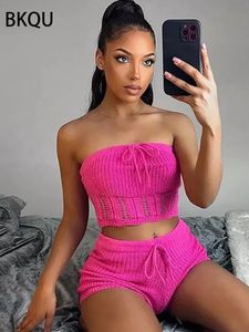 Women's Two Piece Pants BKQU Knitted Hollow Out Shorts Set Summer Off Shoulder Corsets Tube Tops And Mini Stretchy Street Suits 230718