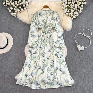 Party Dresses French Chic Long For Women Floral Print V-hal Lantern Sleeve Female Elegant Ladies Maxi Vestidos Drop