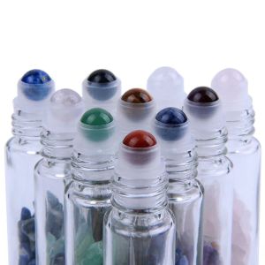 Pedras Naturais Clássicas Garrafas de Óleo Essencial Pedras Preciosas Garrafas Roller Ball Garrafas De Vidro Transparente Cura Chips De Cristal 10 Cores