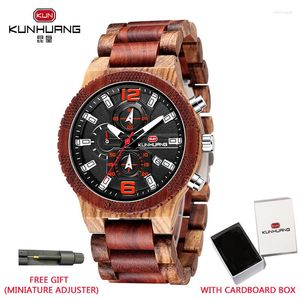 Zegarek Kunhuang luksusowe drewniane pudełko na prezent chronografu mężczyzn naturalny zegarek męski kwarc spersonalizowane zegarki