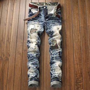 Männer Jeans Hohe Qualität Gerade Slim Fit Zerrissene Männer Plissee Wash Zapped Patchwork Denim Hosen Motorrad Biker Vintage J301P