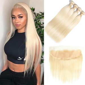 Bundles With Frontal Blonde 3 Bundles With 13X4 Closure Remy 613 Brazilian Straight Human Hair Weave Bundles2593