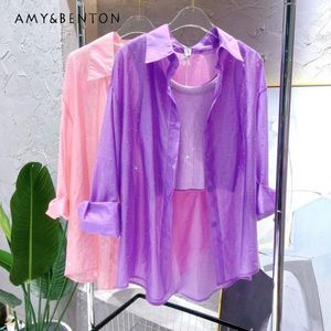 Women's Blouses European Style Exquisite Rhinestone High Quality Thin Mid-Length Shirts Fashion Casual Sun Protection Blusas Tops Blouse