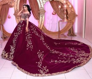 Two Pieces Burgundy Velvet Evening Dresses For Bride Cap Sleeves Beading Lace Applique Beading Prom Gowns For Weding Party Chapel Train