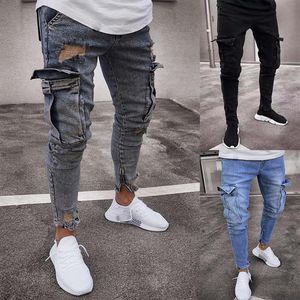 Calça de trabalho masculina para homens de jeans skinny para homens Slim Fit Zipper Jeans de jeans rasgados Fashion2912