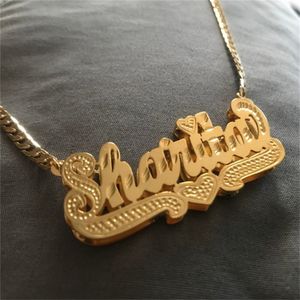 Pendant Necklaces 3D Custom Nameplate Necklace Personality Gold Plated Double Name Plate Pendant Cuban Chain Necklace Stainless Steel Jewelry 230718