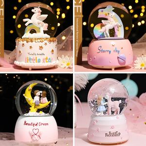 Decorative Objects Figurines Dream Girl Unicorn Crystal Ball Music Box Crystal Snow Globe Music Box with Light Wedding Lover Valentine's Day Girlfriend Gifts 230718