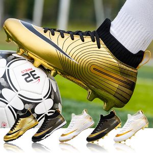 Sapatos sociais de luxo botas de futebol douradas masculinas botas de futebol pontiagudas para crianças ao ar livre rachaduras na grama para meninos treinamento 230719