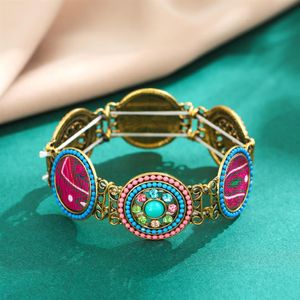 Vintage Round Style with Colorful Rhinestone Elastic Band Bracelet Hollow Acrylic Bangle for Women Men Jewelry310F