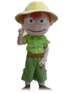 High quality a boy mascot costume with a green shirt and a yellow hat for sale