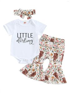 Zestawy odzieżowe Urodzone Baby Boy Letter List Krótkie rękawie Romper Horse Print Flare Pants Pałąk 3pcs Cowboy Bell Bottoms