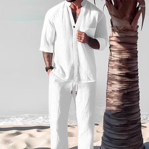 Fatos de treino masculinos casuais de algodão linho de duas peças conjunto masculino moda solta decote em V meia manga tops e calças ternos roupas masculinas estilo praia