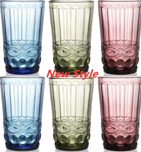 Renkli su bardakları vintage içme bardaklar kabartmalı romantik gözlükler renkli cam eşyalar su suyu içecekler çubuklar yeni