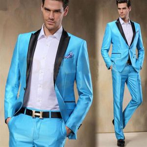 Abiti da uomo Blazer 2021 Vestibilità comoda Arrivo Smoking dello sposo in raso blu cielo Slim 2 pezzi Mens Wedding Prom Dinner Party 288A