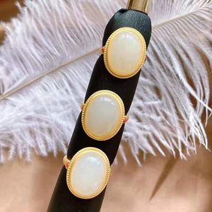 Cluster Rings White Jade Amulets Chinese Adjustable Ring Natural 925 Silver Talismans Real Women Vintage Carved Gemstone Jewelry Amulet