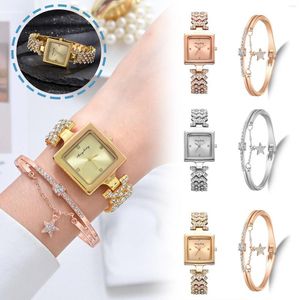 Relógios de pulso Pequeno Relógio Quadrado com Joias de Diamante Quartzo Estrela Pulseira Feminina Conjunto Combinado Presentes Femininos