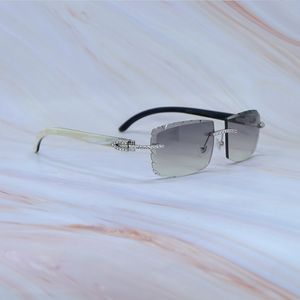 Iced Out Sunglasses Homens Branco Dentro Preto Genuíno Buffalo Horn Designer Sun Glasses Luxo Diamond Cut Carter Shades Eyewear Strass Sunglass Silver Frame