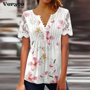 Maglietta da donna Maglietta con scollo a V Sexy manica corta in pizzo Splice Work Flower Print Summer Loose 230718