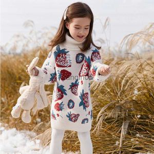 Pullover Kids Girls X-Long Switters Strawberry Printed Bullovers Turtleneck Autumn Cotton Cotton Tops Teenage Girl Sweater HKD230719