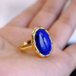 Cluster Rings Classic Ancient Gold Craft Silver Inlay Vintage Oval Lapis Lazuli Blue For Women High-end Banquet Jewelry Adjustable