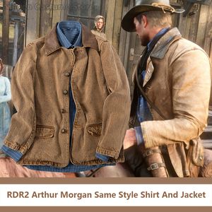 Основные повседневные платья игра Rdr2 Arthur Morgan и тот же стиль куртка Western Denim Cosplay Costumes коричневые и синие рубашки для Man 230718