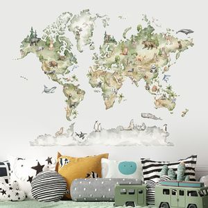 Wall Stickers Watercolor World Map Animals Wildlife Wall Stickers Removable Vinyl Wall Decals Print Kids Room Playroom Interior Home Decor 230718