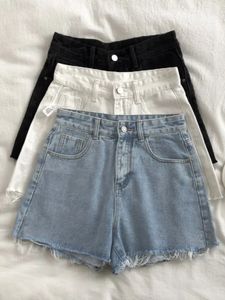 Jeans da donna coreano a vita alta con bordo grezzo in denim corto estivo basic con bottoni tascabili per tutti i fiammiferi streetwear corto 230718